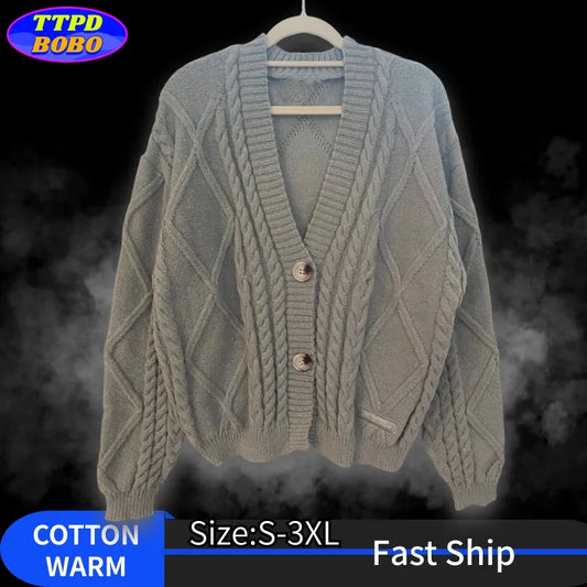Autumn Knitted V-neck Long Sleeve Women's Grey Cardigans Winter Keep Warm Sweater