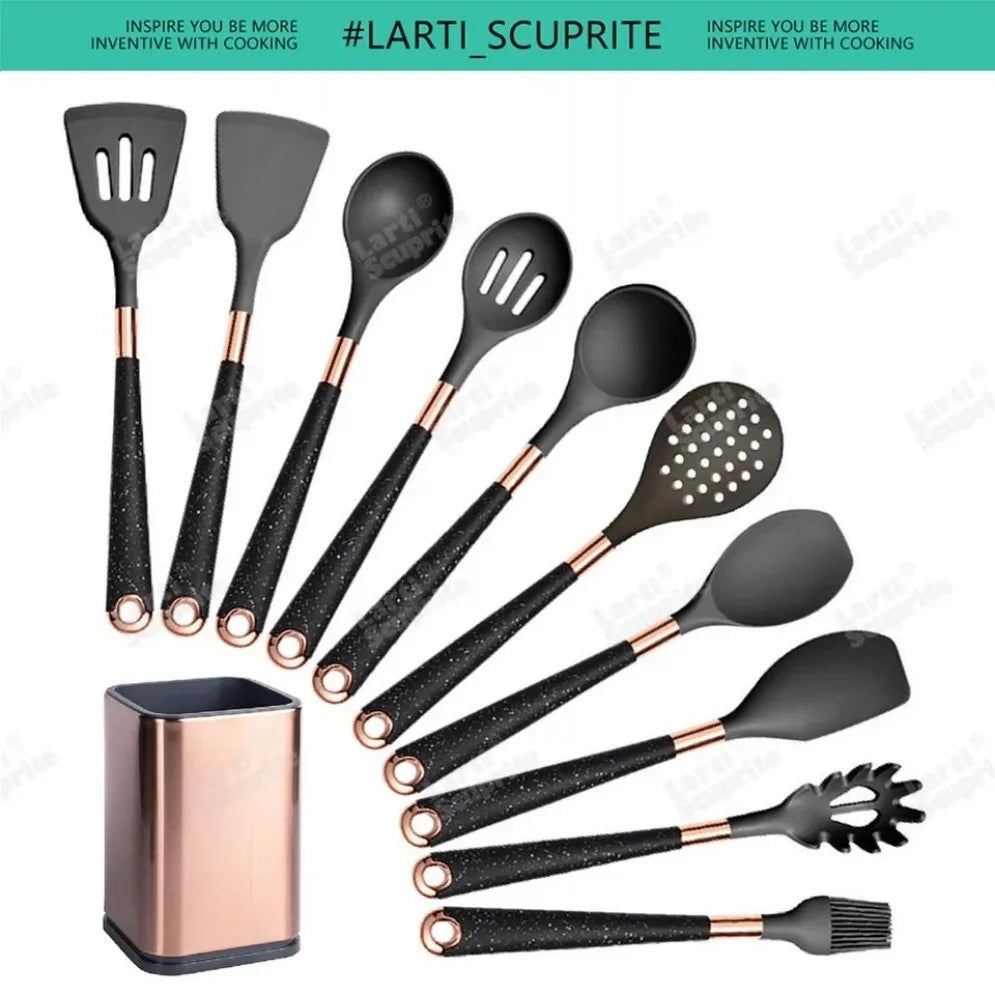 Gold Plated Handle Silicone Cooking Utensils Set Kitchen Non-stick Tool
