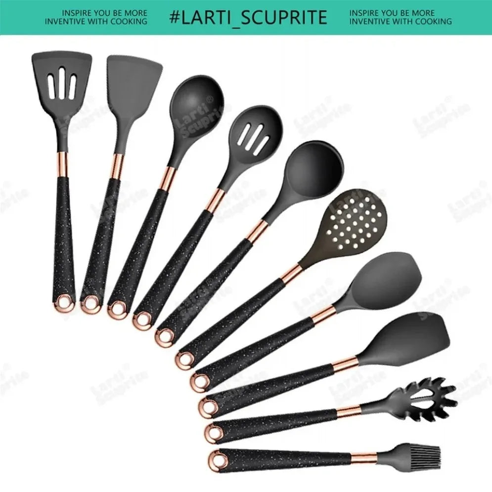 Gold Plated Handle Silicone Cooking Utensils Set Kitchen Non-stick Tool