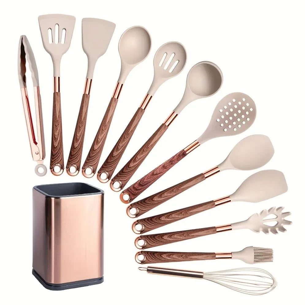 Gold Plated Handle Silicone Cooking Utensils Set Kitchen Non-stick Tool