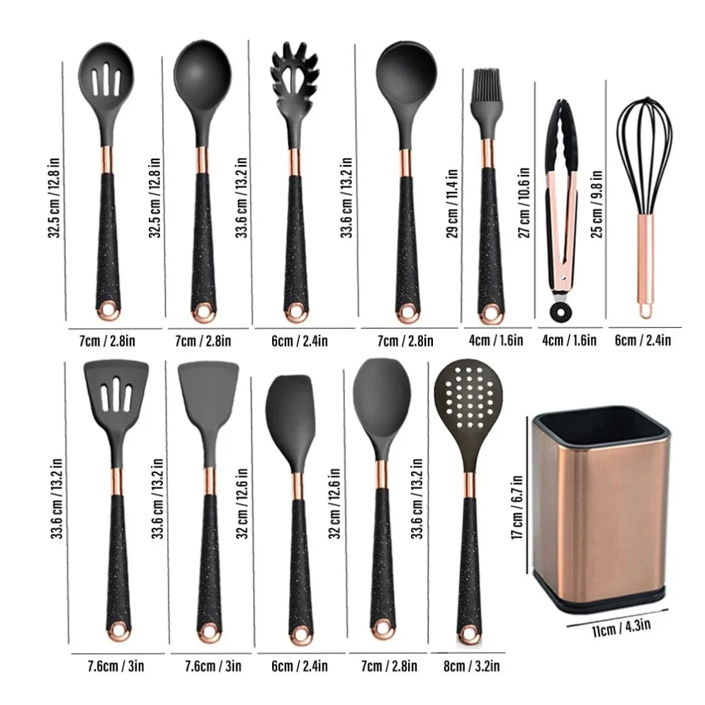 Gold Plated Handle Silicone Cooking Utensils Set Kitchen Non-stick Tool