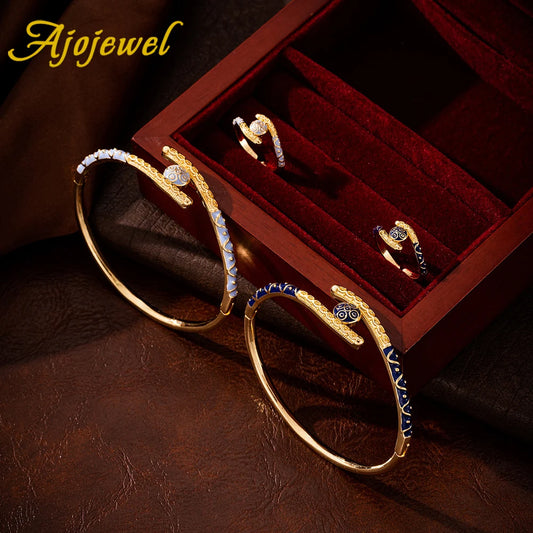 Ajojewel Golden Dubai Bride Jewelry Set Blue Enamel Bangle Ring Bangles For Woman