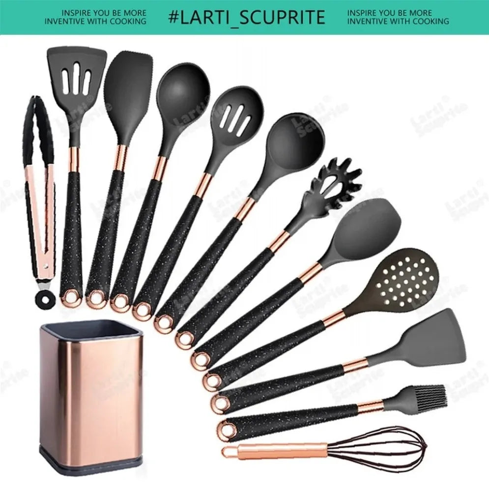 Gold Plated Handle Silicone Cooking Utensils Set Kitchen Non-stick Tool