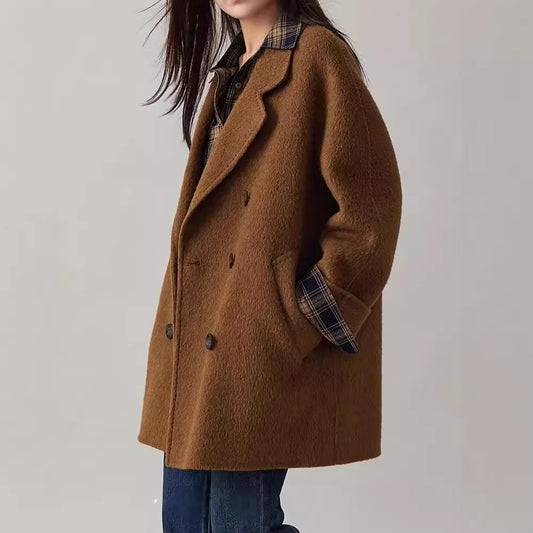 Women Woolen Cashmere Suits Loose Classic Double Breasted Suit Collar Wool Coat