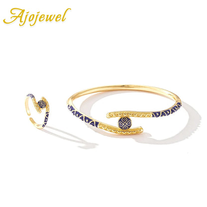 Ajojewel Golden Dubai Bride Jewelry Set Blue Enamel Bangle Ring Bangles For Woman