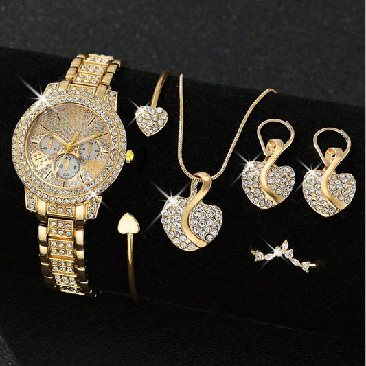 Women's Quartz Watch Gold Luxury Women Ring Necklace Earring Rhinestone Fashion
