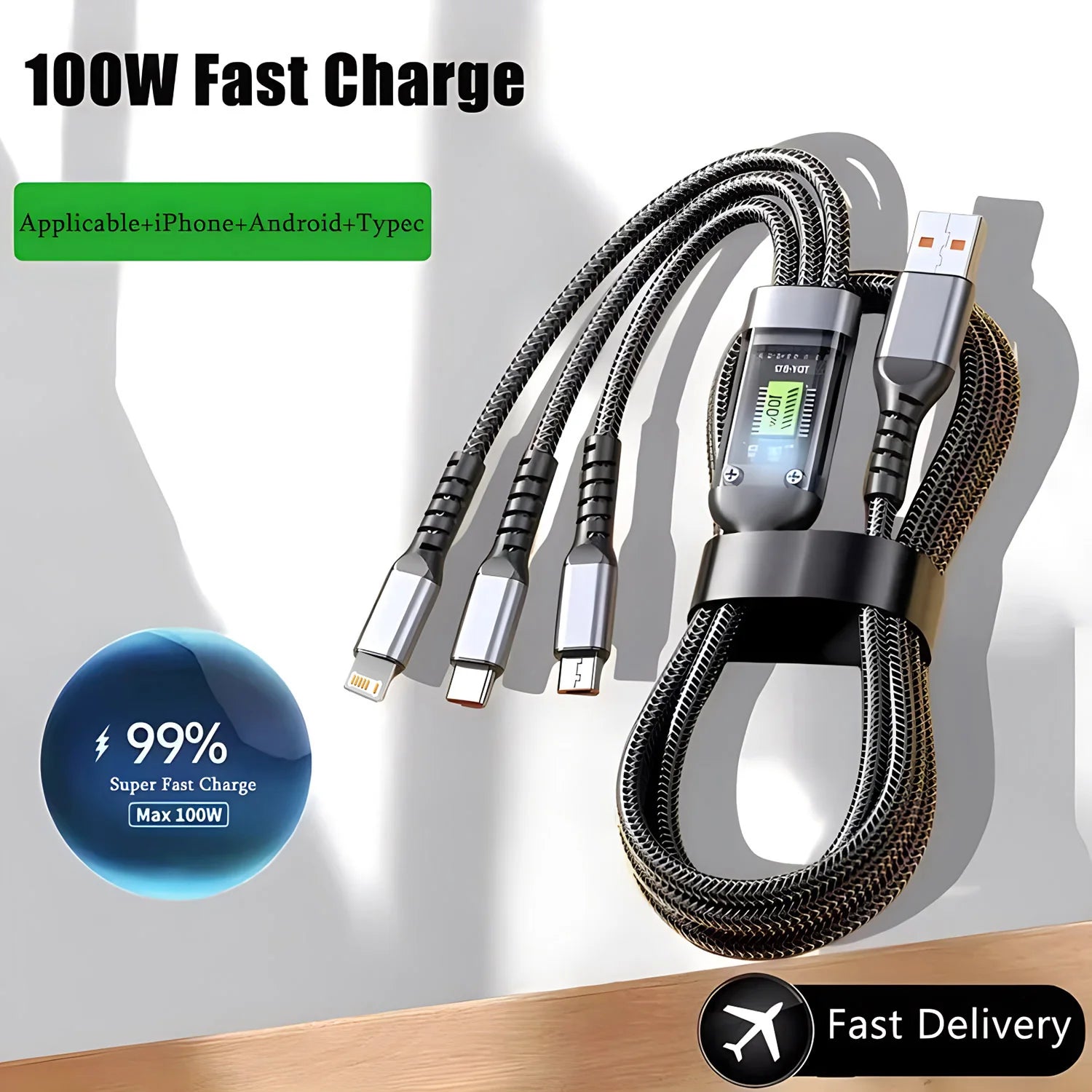 100W Fast Charging Cable Multi Charger Cable Nylon Braided