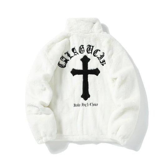 Men Rabbit Fur Jacket Coats Hip Hop Cross Letters Winter Fleece Jacket Streetwear Casual Harajuku Coat Zip Up Fashion Outerwear