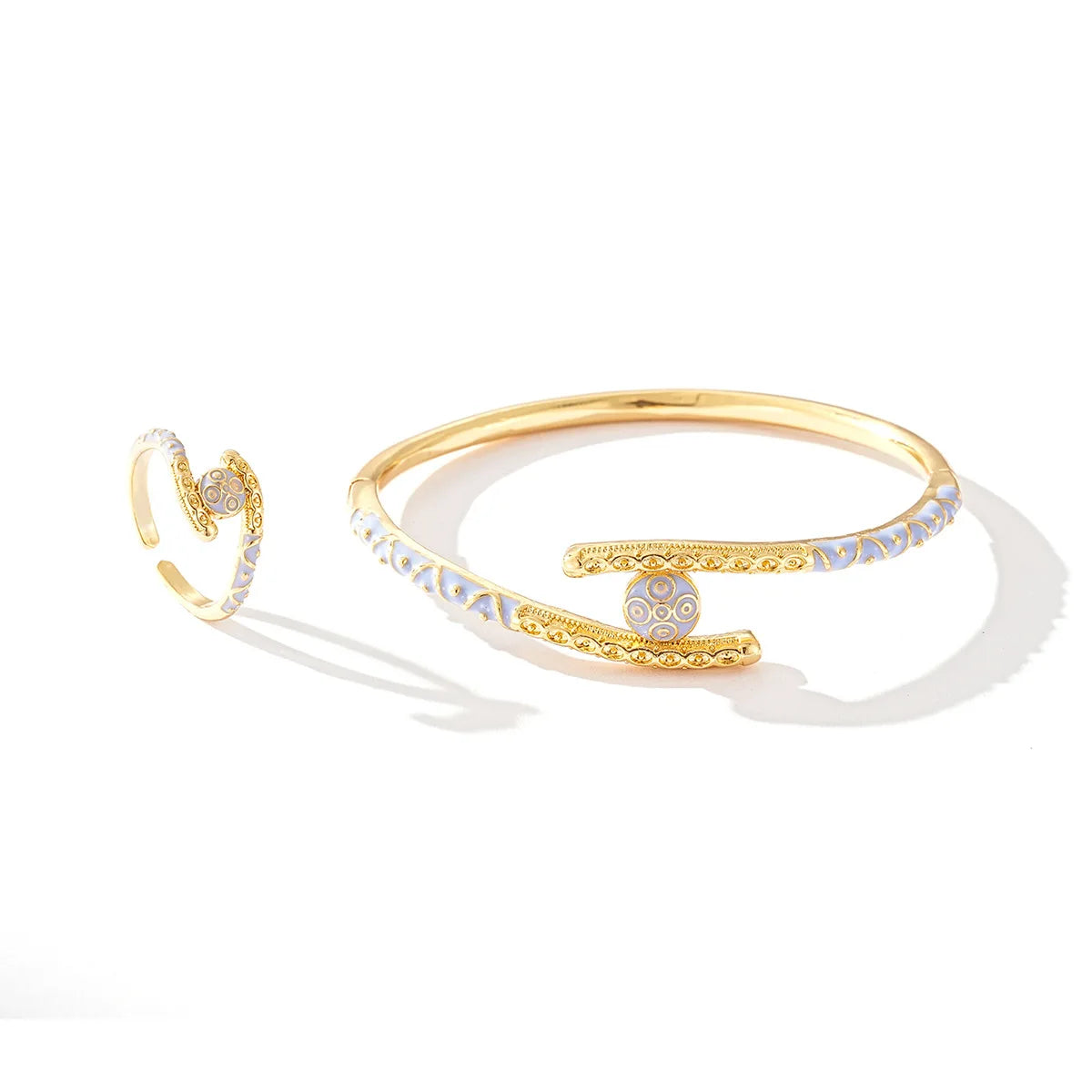 Ajojewel Golden Dubai Bride Jewelry Set Blue Enamel Bangle Ring Bangles For Woman