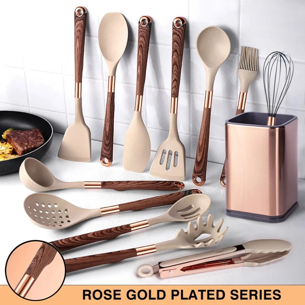 Gold Plated Handle Silicone Cooking Utensils Set Kitchen Non-stick Tool