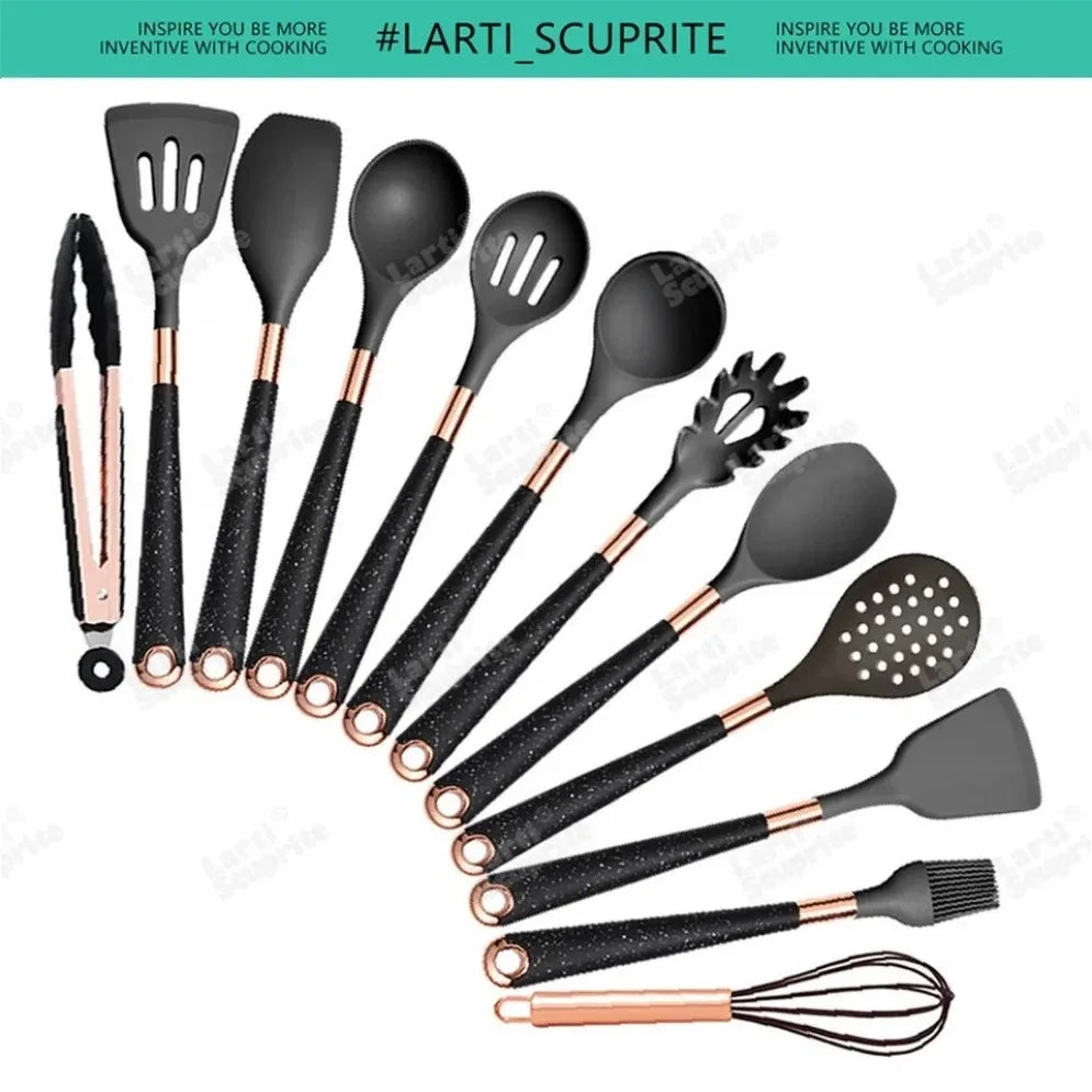 Gold Plated Handle Silicone Cooking Utensils Set Kitchen Non-stick Tool