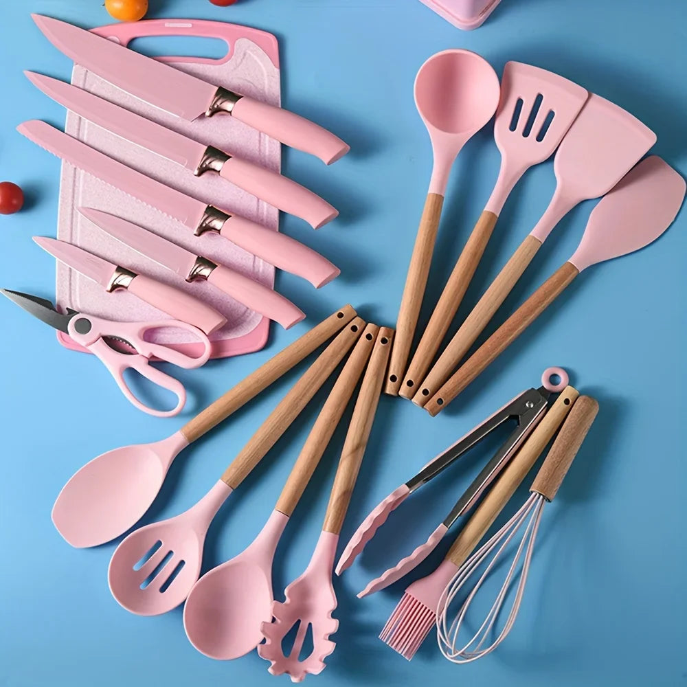19Pcs Food Grade Silicone Baking Utensils Set with Wooden