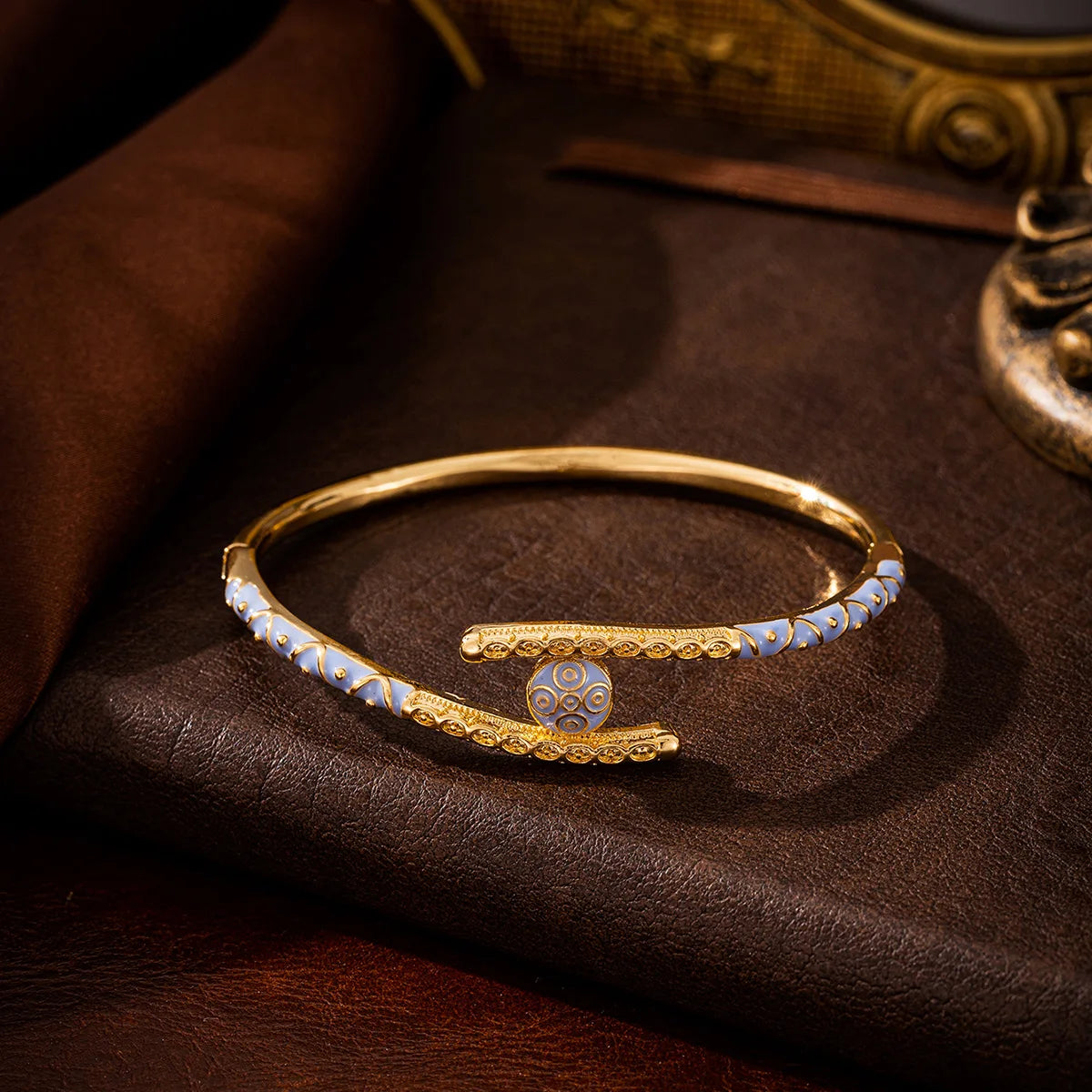 Ajojewel Golden Dubai Bride Jewelry Set Blue Enamel Bangle Ring Bangles For Woman