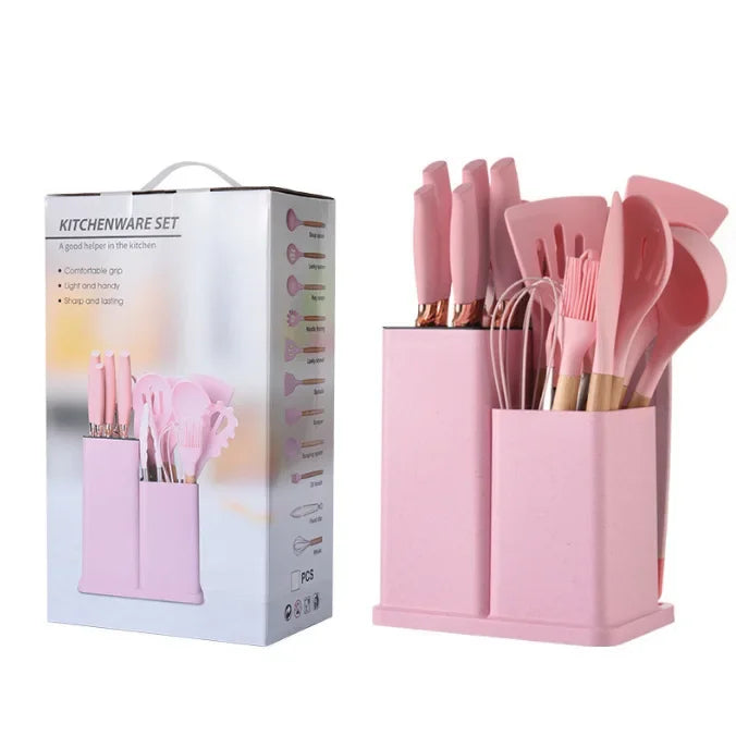 19Pcs Food Grade Silicone Baking Utensils Set with Wooden