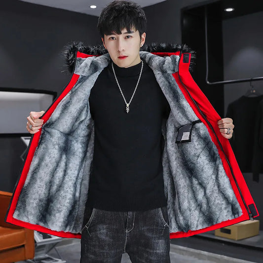 Autumn Winter Mens Fleece Mid-Length Hooded Jackets  Fur Collar