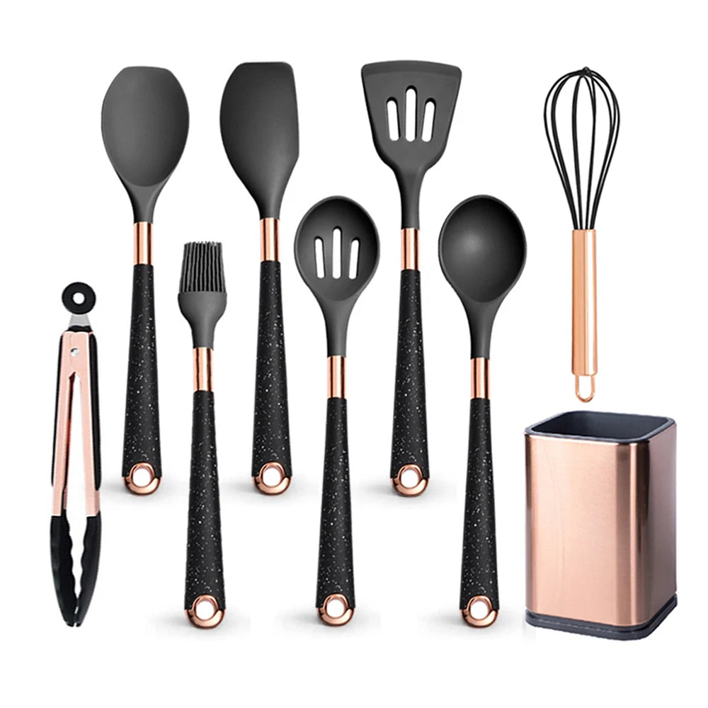 Gold Plated Handle Silicone Cooking Utensils Set Kitchen Non-stick Tool